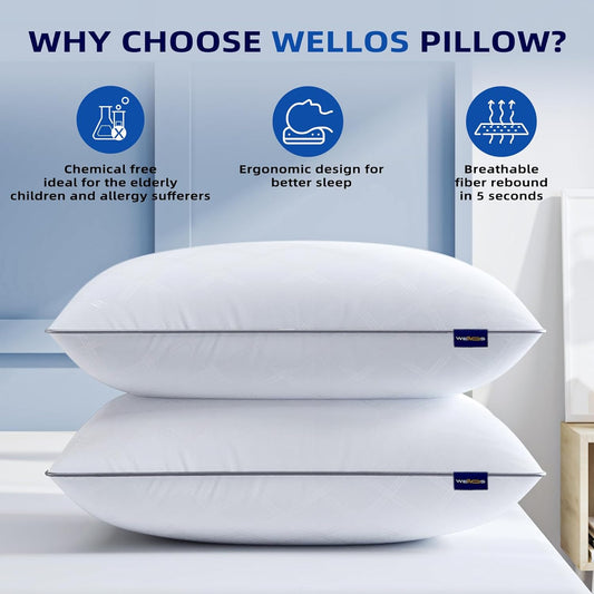 Wellos Pillows Queen Size Set of 2, Cooling Hotel Quality, Down Alternative Pillow for Back, Stomach or Side Sleepers, 18"x27"